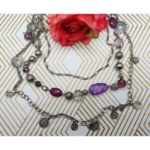 Premier Designs Silver Tone Purple Multi Strand Layered Chain Coin Necklace 32"